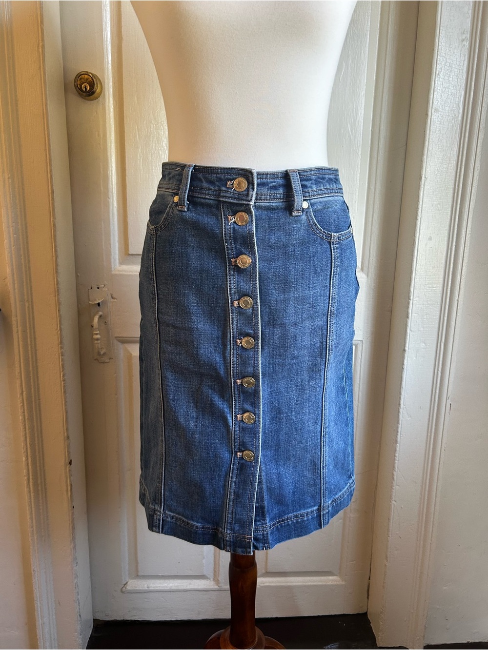 Talbots Petite Scallop Wash Button Front Denim Jean Midi Skirt Size 0P